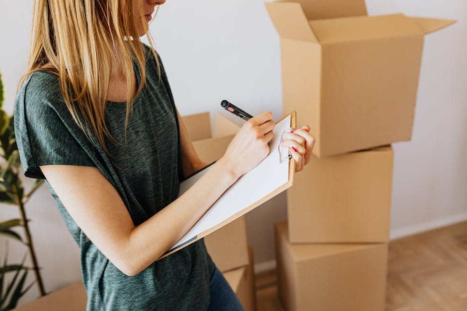 A woman with long blonde hair, wearing a dark grey t-shirt, is inside a room during a home relocation process, writing on a small clipboard with a black marker. Behind her, there are several brown cardboard moving boxes, some stacked on top of each other, placed on a wooden floor near a white wall. The boxes vary in size, with one open box revealing the flaps folded outward. The woman appears to be organizing or noting inventory as part of packing and moving preparations. To the left, a green plant is partially visible, adding to the neutral, homely environment. Haringey Man and Van, a removals service, may be involved in this furniture transport and packing process, ensuring an efficient loading process for house moves in Tottenham, N17 area, supporting the detailed checklist for successful relocation.